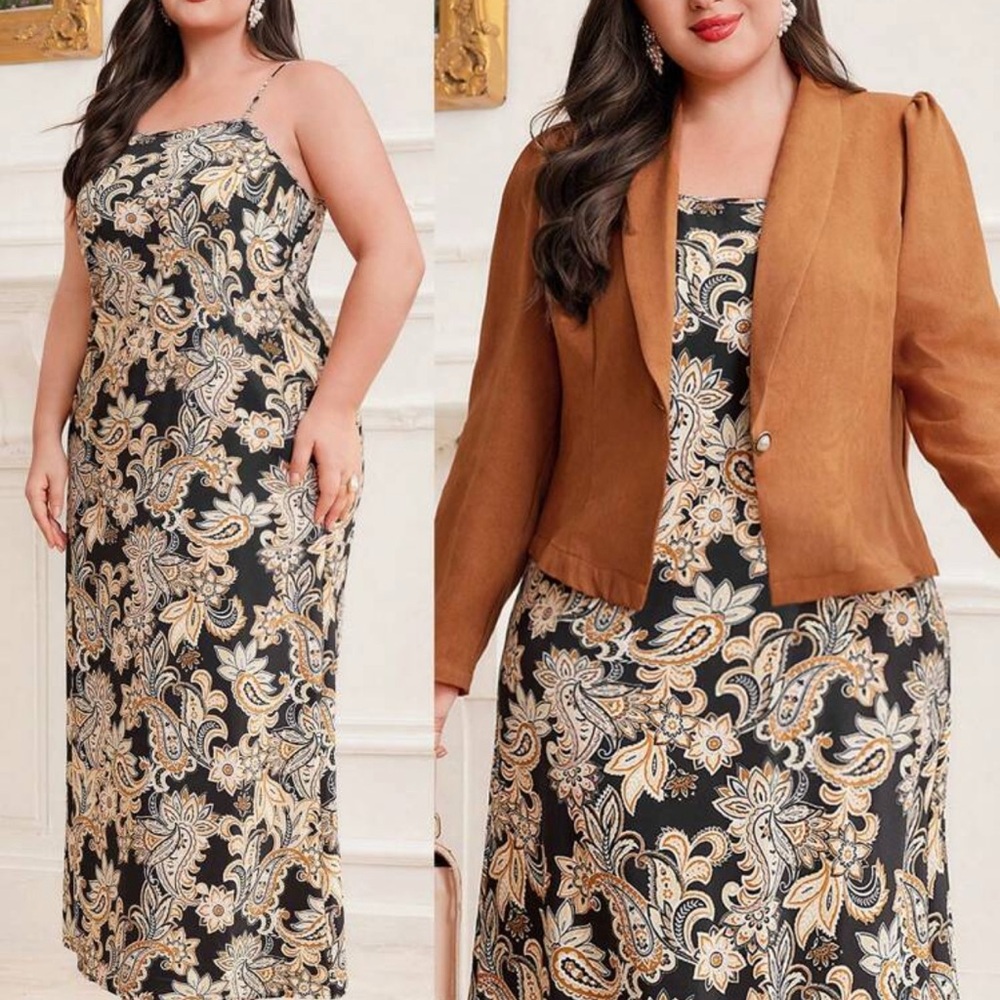 Floral Paisley Maxi Dress with Brown Blazer - Picture 1 of 4